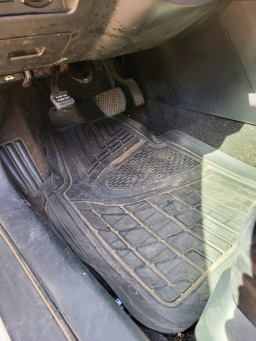 Dirty driver-side floor mat before detailing