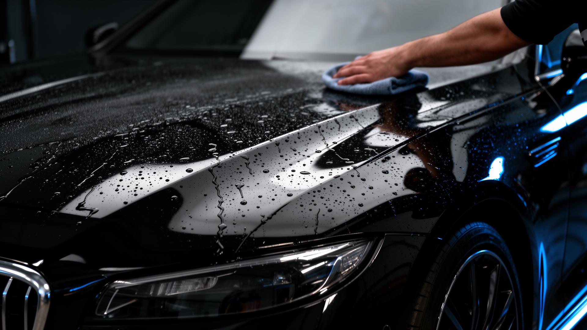 Glossy black car being detailed